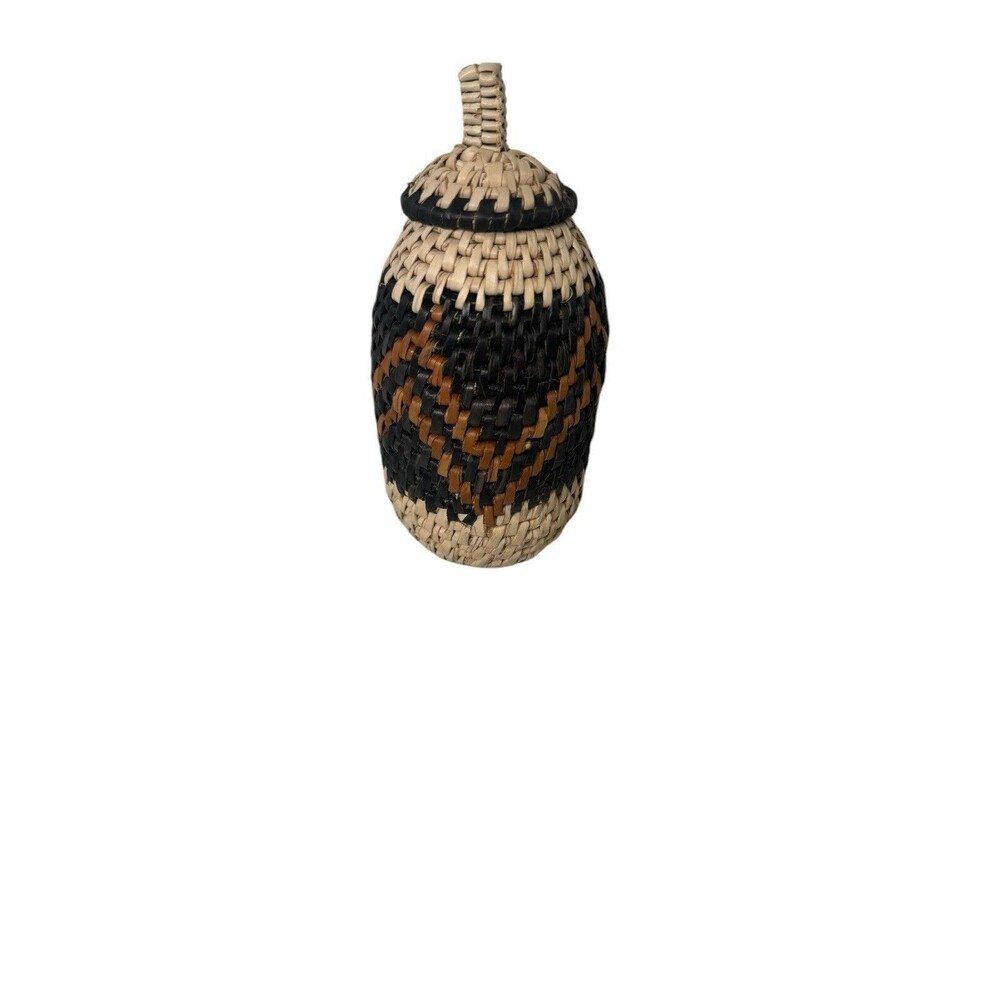 Sweetgrass Woven Beehive Basket With Lid 7”Southern Aztec Style Black/Tan  Vtg